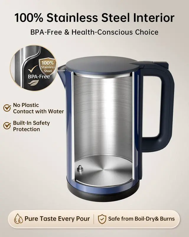 Alt view image 6 of 7 - Electric Kettle with Temperature Control, 1.7L Hot Water Kettle for Tea, Coffee & Daily Use, 5 Presets, 2H Keep Warm, Stainless Steel Interior, Auto Shut-Off, Cordless Electric Tea Kettle, Blue