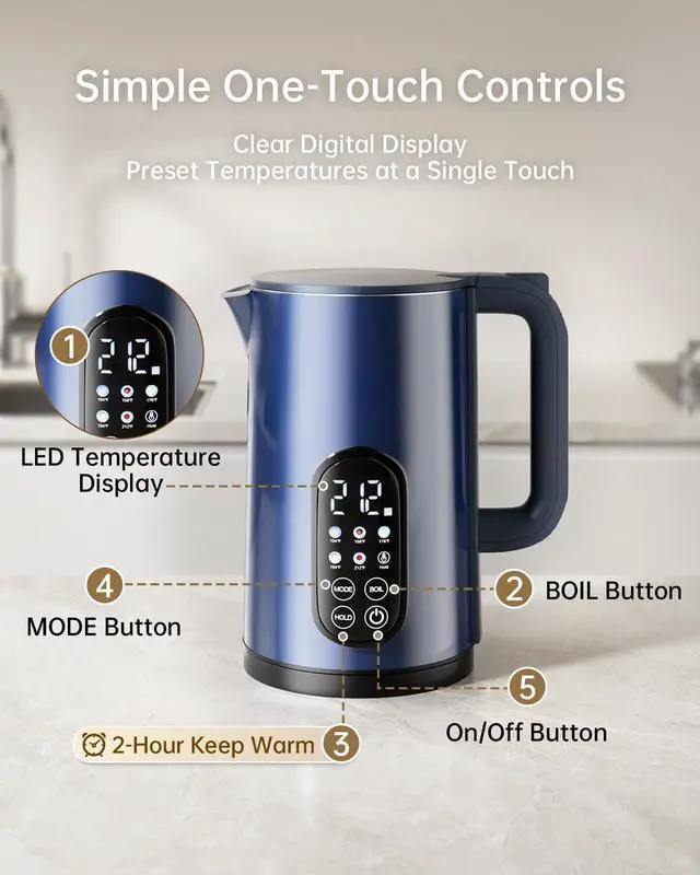 Alt view image 5 of 7 - Electric Kettle with Temperature Control, 1.7L Hot Water Kettle for Tea, Coffee & Daily Use, 5 Presets, 2H Keep Warm, Stainless Steel Interior, Auto Shut-Off, Cordless Electric Tea Kettle, Blue