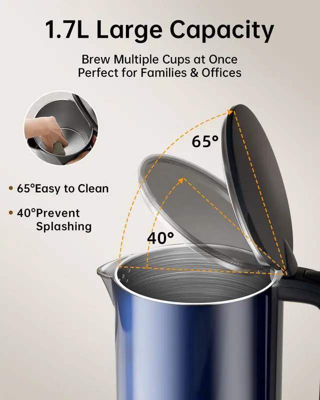 Alt view image 7 of 7 - Electric Kettle with Temperature Control, 1.7L Hot Water Kettle for Tea, Coffee & Daily Use, 5 Presets, 2H Keep Warm, Stainless Steel Interior, Auto Shut-Off, Cordless Electric Tea Kettle, Blue
