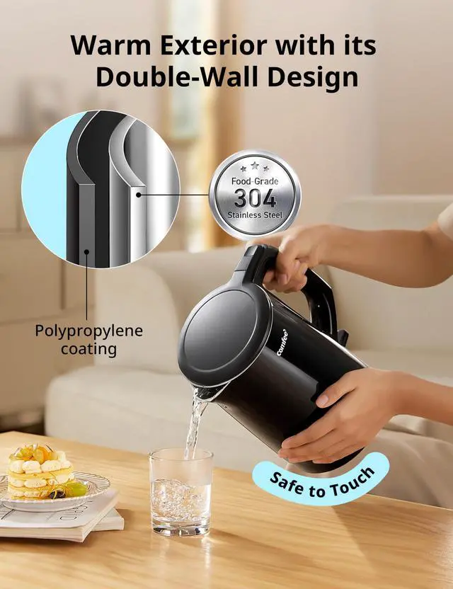 Alt view image 2 of 7 - 'Electric Kettle and Tea Kettle, 1.5L Double Wall, Stainless Steel Interior, Lid & Spout, Fast Boil, Auto-Off, and Boil-Dry Protection, 1500W