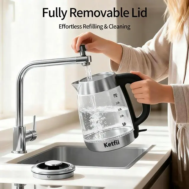 Alt view image 3 of 7 - Electric Glass Kettle 1.8L, 1200W Fast Boil for Tea & Coffee, Auto Shut-Off & Boil-Dry Protection, BPA-Free, 304 Stainless Steel & Borosilicate Glass, Removable Lid for Easy Cleaning