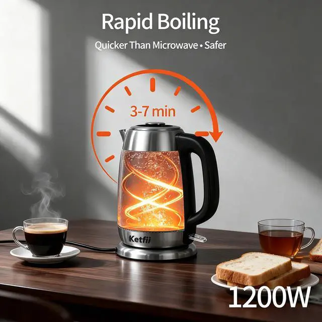 Alt view image 4 of 7 - Electric Glass Kettle 1.8L, 1200W Fast Boil for Tea & Coffee, Auto Shut-Off & Boil-Dry Protection, BPA-Free, 304 Stainless Steel & Borosilicate Glass, Removable Lid for Easy Cleaning