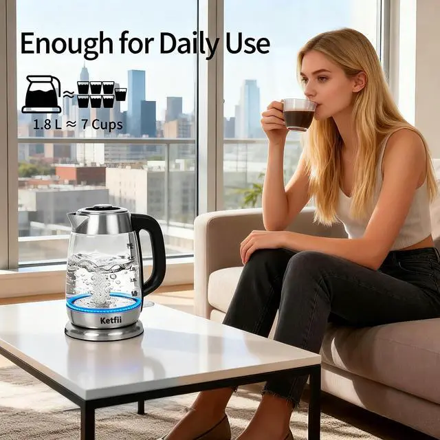 Alt view image 5 of 7 - Electric Glass Kettle 1.8L, 1200W Fast Boil for Tea & Coffee, Auto Shut-Off & Boil-Dry Protection, BPA-Free, 304 Stainless Steel & Borosilicate Glass, Removable Lid for Easy Cleaning