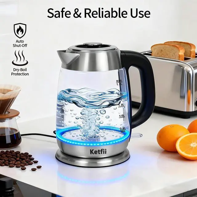 Alt view image 7 of 7 - Electric Glass Kettle 1.8L, 1200W Fast Boil for Tea & Coffee, Auto Shut-Off & Boil-Dry Protection, BPA-Free, 304 Stainless Steel & Borosilicate Glass, Removable Lid for Easy Cleaning