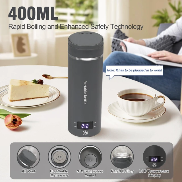 Alt view image 3 of 7 - Travel Electric Kettle Portable Mini Kettle,Small Hot Water Boiler with 4 Temperature Settings,304 Stainless Steel,Fast Boiling Water with Auto Shut-Off and Boil Dry Protection,400ml (Grey, 400ml)