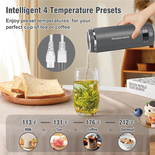 Alt view image 4 of 7 - Travel Electric Kettle Portable Mini Kettle,Small Hot Water Boiler with 4 Temperature Settings,304 Stainless Steel,Fast Boiling Water with Auto Shut-Off and Boil Dry Protection,400ml (Grey, 400ml)