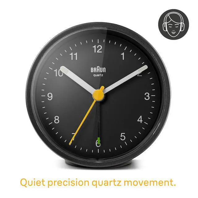 Alt view image 2 of 6 - Classic Analogue Alarm Clock with Snooze and Light, Quiet Quartz Movement, Crescendo Beep Alarm in Black, Model BC12B.