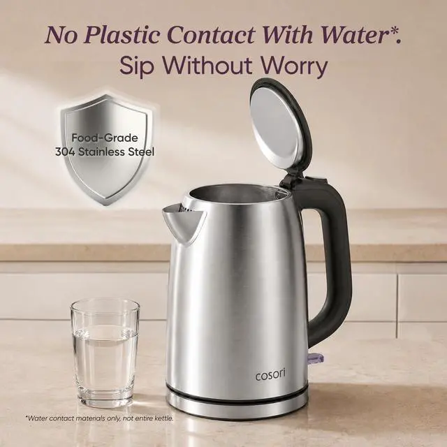 Alt view image 2 of 7 - Stainless Steel Electric Kettle, No Plastic Contact with Water, 1.7L