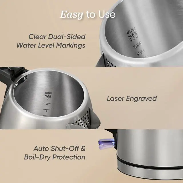 Alt view image 7 of 7 - Stainless Steel Electric Kettle, No Plastic Contact with Water, 1.7L