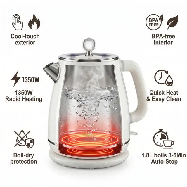 Alt view image 2 of 7 - Electric Kettle - 1.8L Cordless Tea Pot, Stainless Steel Interior, Fast Boiling, Double Wall Insulation, Auto Shut-Off, White