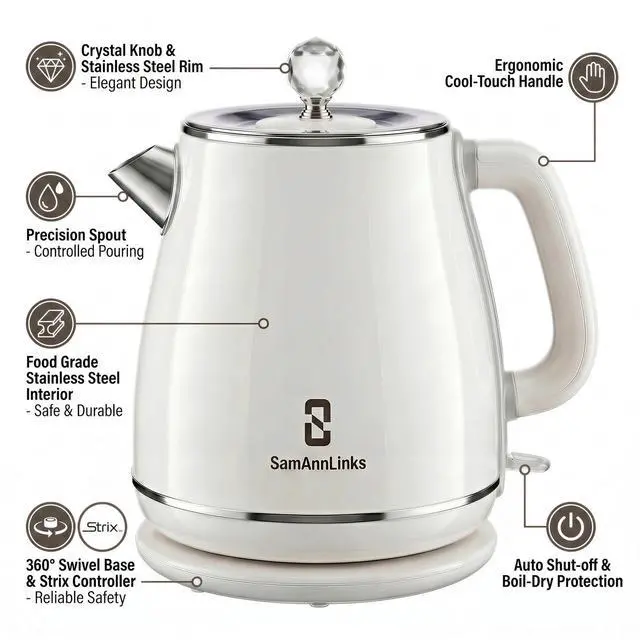 Alt view image 5 of 7 - Electric Kettle - 1.8L Cordless Tea Pot, Stainless Steel Interior, Fast Boiling, Double Wall Insulation, Auto Shut-Off, White