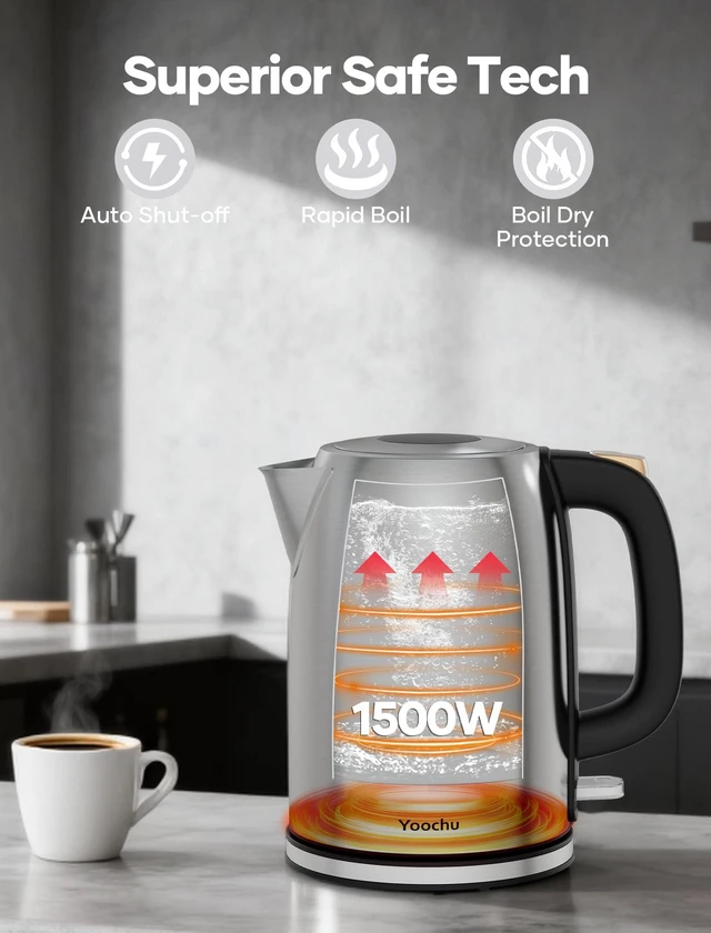 Alt view image 5 of 7 - Electric Kettle Stainless Steel, 1.7L Water Boiler & Heater, 1500W Hot Tea Pot, Boil Dry Protection & Auto Shut-Off, BPA-Free