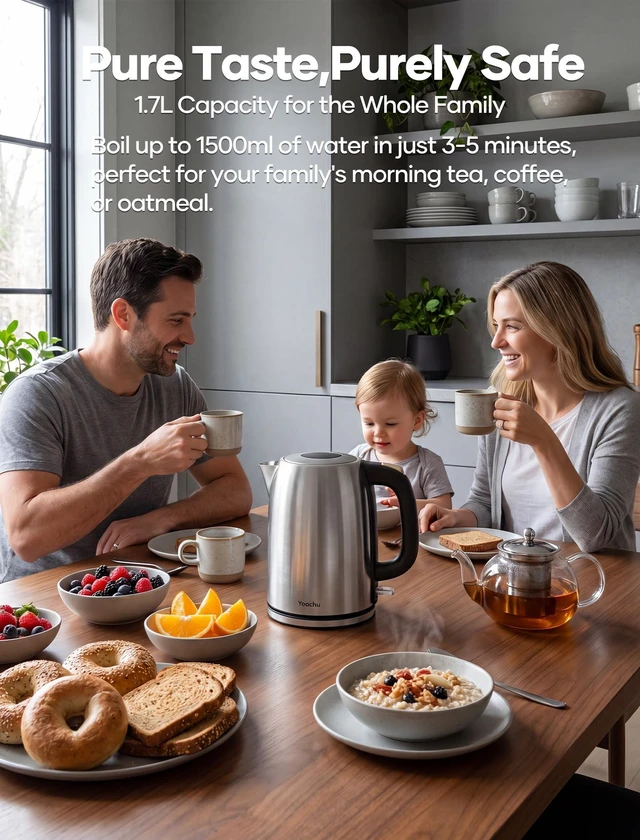 Alt view image 4 of 7 - Electric Kettle Stainless Steel, 1.7L Water Boiler & Heater, 1500W Hot Tea Pot, Boil Dry Protection & Auto Shut-Off, BPA-Free