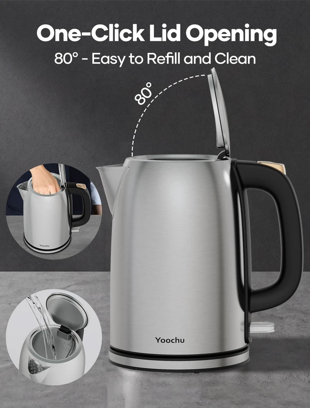 Alt view image 6 of 7 - Electric Kettle Stainless Steel, 1.7L Water Boiler & Heater, 1500W Hot Tea Pot, Boil Dry Protection & Auto Shut-Off, BPA-Free