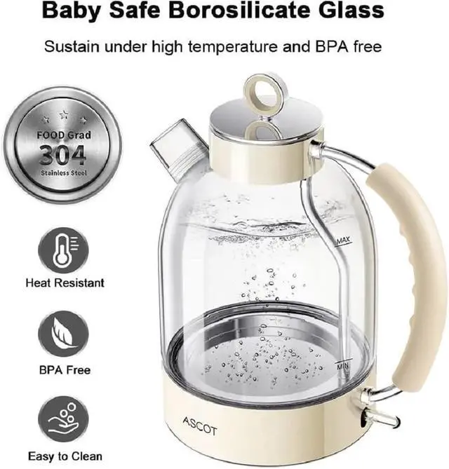 Alt view image 3 of 7 - Electric Kettle, Glass Electric Tea Kettle Boiler Gifts for Men/Women/Family 1.5L 1500W Borosilicate Glass Tea Heater, with Auto Shut-Off and Boil-Dry Protection (Beige)