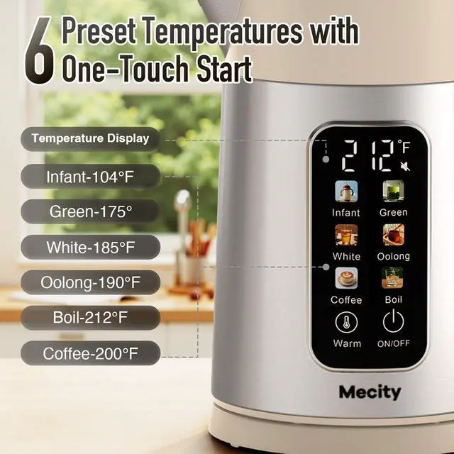 Alt view image 2 of 7 - Electric Kettle 1.7L Touch Screen Temperature Control Water Boiler, No Plastic Contact with Water. 6 Presets For Tea and Coffee, 2 Hours Keep Warm, Auto Shut Off, Cream & Stainless Steel Color