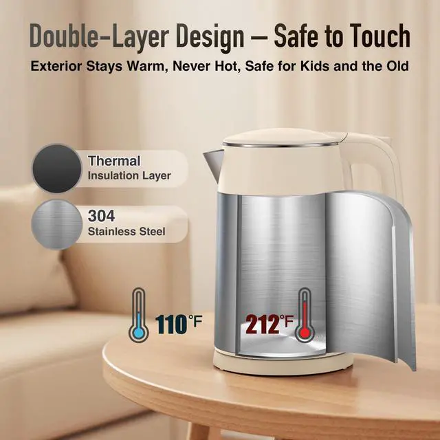 Alt view image 3 of 7 - Electric Kettle 1.7L Touch Screen Temperature Control Water Boiler, No Plastic Contact with Water. 6 Presets For Tea and Coffee, 2 Hours Keep Warm, Auto Shut Off, Cream & Stainless Steel Color