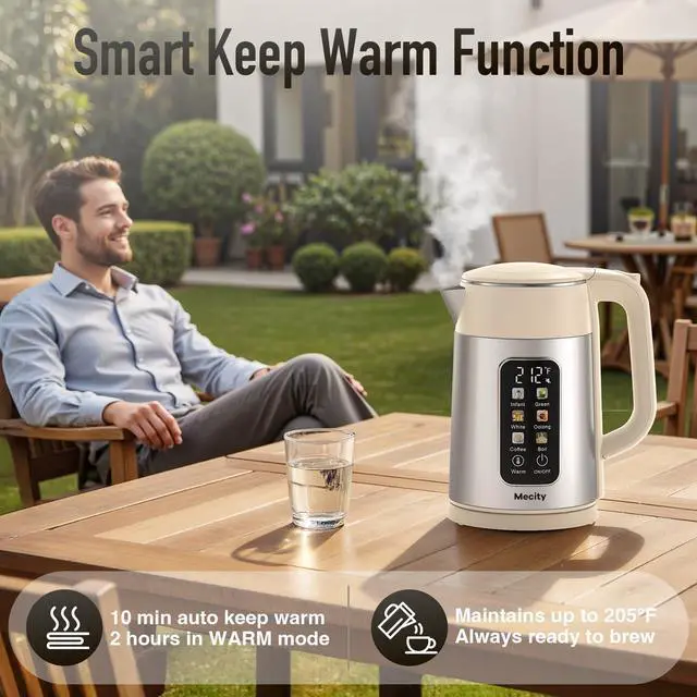 Alt view image 5 of 7 - Electric Kettle 1.7L Touch Screen Temperature Control Water Boiler, No Plastic Contact with Water. 6 Presets For Tea and Coffee, 2 Hours Keep Warm, Auto Shut Off, Cream & Stainless Steel Color