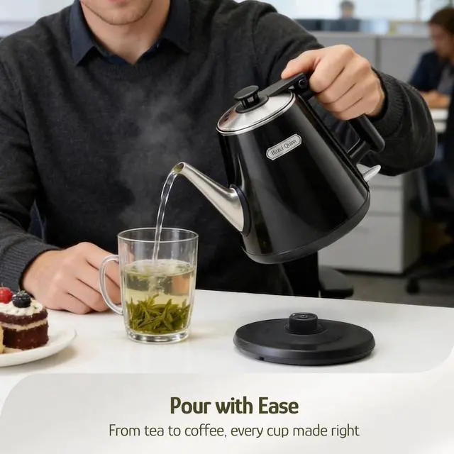 Alt view image 5 of 7 - Electric Kettle - 1L/34oz Small Tea Kettle, 800W Fast Boil, All 304 Stainless Steel Interior, Double Wall for Cool Touch and Thermal, Auto Shut-Off, BPA-Free, Cordless - Jet Black