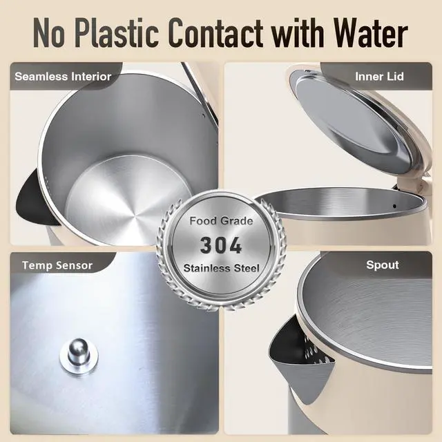 Alt view image 4 of 7 - Electric Kettle 1.7L Touch Screen Temperature Control Water Boiler, No Plastic Contact with Water. 6 Presets For Tea and Coffee, 2 Hours Keep Warm, Auto Shut Off, Cream & Stainless Steel Color