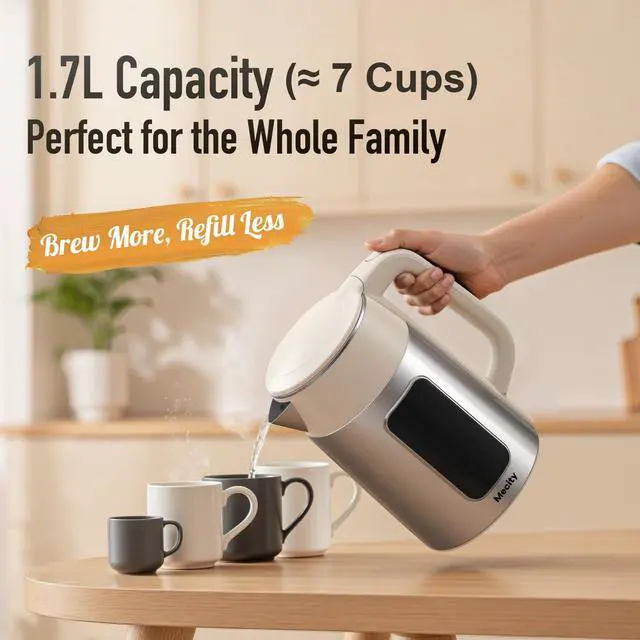 Alt view image 6 of 7 - Electric Kettle 1.7L Touch Screen Temperature Control Water Boiler, No Plastic Contact with Water. 6 Presets For Tea and Coffee, 2 Hours Keep Warm, Auto Shut Off, Cream & Stainless Steel Color