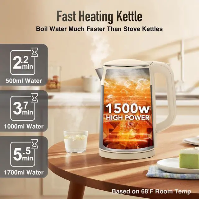 Alt view image 7 of 7 - Electric Kettle 1.7L Touch Screen Temperature Control Water Boiler, No Plastic Contact with Water. 6 Presets For Tea and Coffee, 2 Hours Keep Warm, Auto Shut Off, Cream & Stainless Steel Color