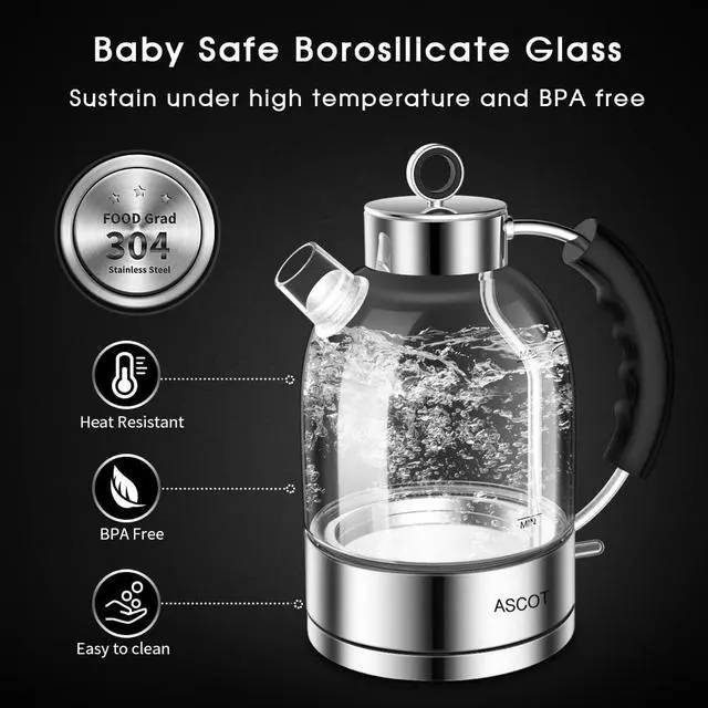 Alt view image 3 of 7 - Electric Kettle, Glass Electric Tea Kettle Gifts for Men/Women/Family 1.5L 1500W Borosilicate Glass Tea Heater, with Auto Shut-Off and Boil-Dry Protection (Silver)