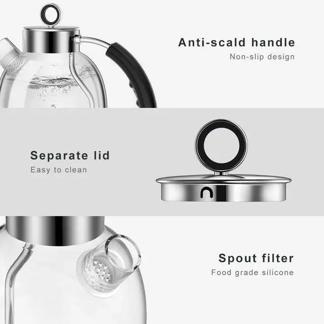 Alt view image 4 of 7 - Electric Kettle, Glass Electric Tea Kettle Gifts for Men/Women/Family 1.5L 1500W Borosilicate Glass Tea Heater, with Auto Shut-Off and Boil-Dry Protection (Silver)