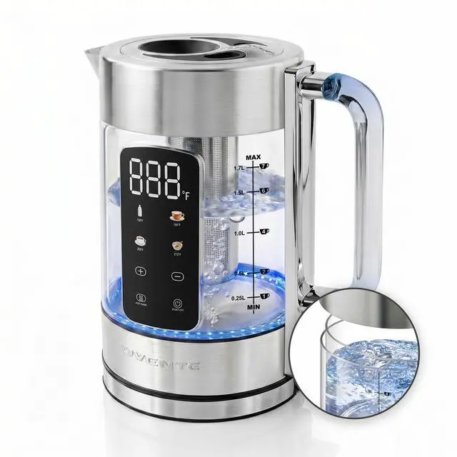 Main image of Digital Glass Electric Tea Kettle 1.7L with Color-Changing LED Lights Temperature Control, Double-Wall Cool Touch, 4 Presets, Keep Warm, Tea Infuser & Boil-Dry Protection, Silver KGD913S