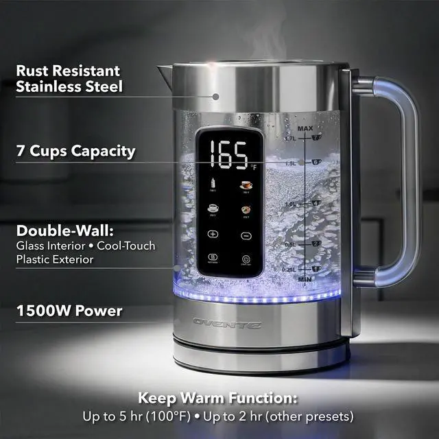 Alt view image 2 of 7 - Digital Glass Electric Tea Kettle 1.7L with Color-Changing LED Lights Temperature Control, Double-Wall Cool Touch, 4 Presets, Keep Warm, Tea Infuser & Boil-Dry Protection, Silver KGD913S