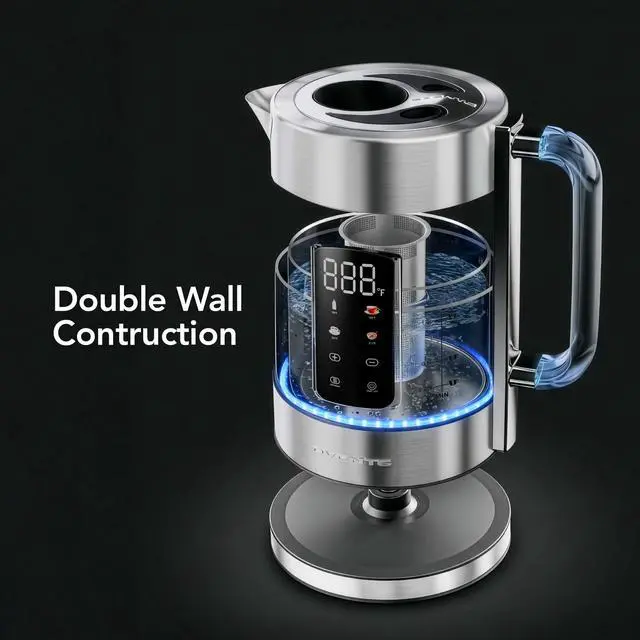 Alt view image 4 of 7 - Digital Glass Electric Tea Kettle 1.7L with Color-Changing LED Lights Temperature Control, Double-Wall Cool Touch, 4 Presets, Keep Warm, Tea Infuser & Boil-Dry Protection, Silver KGD913S