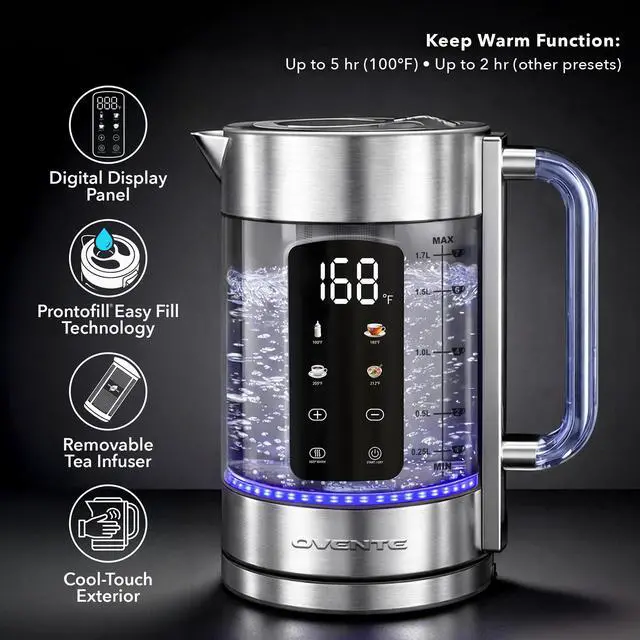 Alt view image 6 of 7 - Digital Glass Electric Tea Kettle 1.7L with Color-Changing LED Lights Temperature Control, Double-Wall Cool Touch, 4 Presets, Keep Warm, Tea Infuser & Boil-Dry Protection, Silver KGD913S