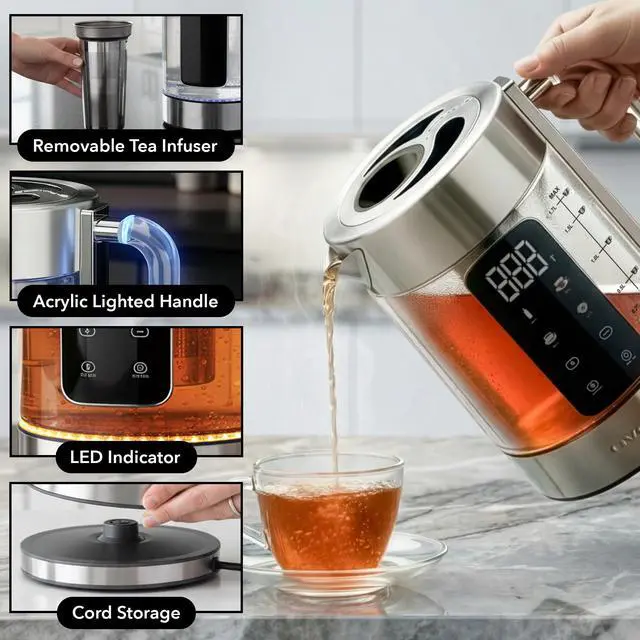 Alt view image 7 of 7 - Digital Glass Electric Tea Kettle 1.7L with Color-Changing LED Lights Temperature Control, Double-Wall Cool Touch, 4 Presets, Keep Warm, Tea Infuser & Boil-Dry Protection, Silver KGD913S