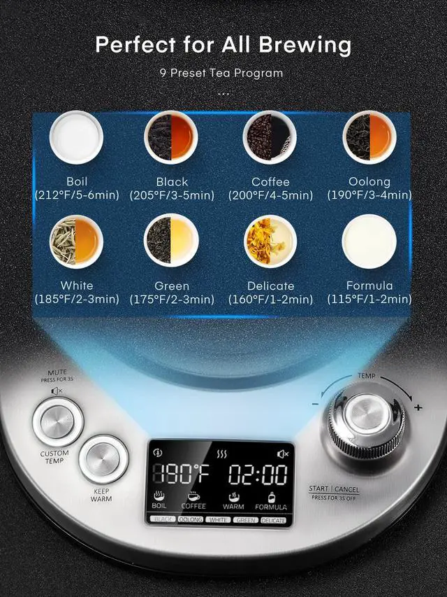 Alt view image 3 of 7 - Electric Tea Kettle, 9 Temperature Control Presets Glass Kettle, 1200W Tea Pot with Removable Infuser, 2 Hours Keep Warm, 1.7 Liter Electric Kettles, Borosilicate Glass & Stainless Steel