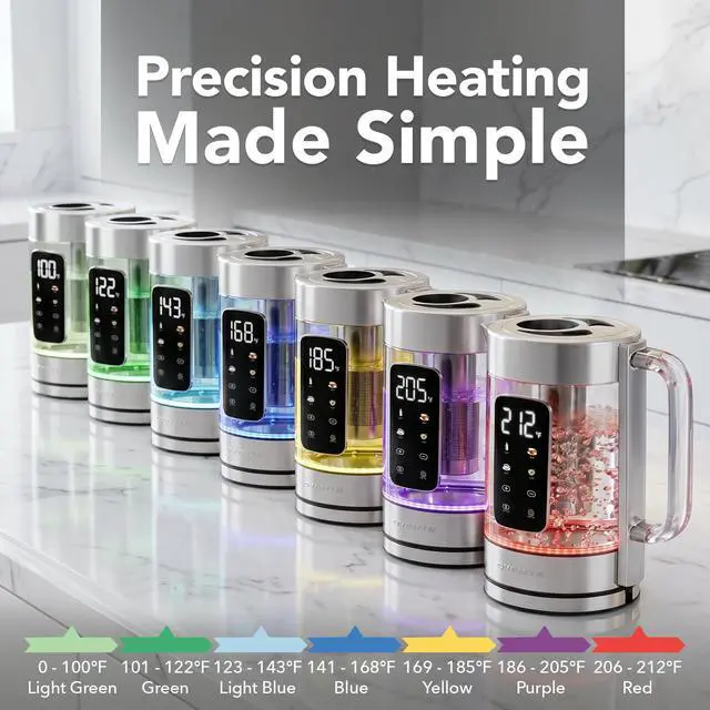 Alt view image 5 of 7 - Digital Glass Electric Tea Kettle 1.7L with Color-Changing LED Lights Temperature Control, Double-Wall Cool Touch, 4 Presets, Keep Warm, Tea Infuser & Boil-Dry Protection, Silver KGD913S