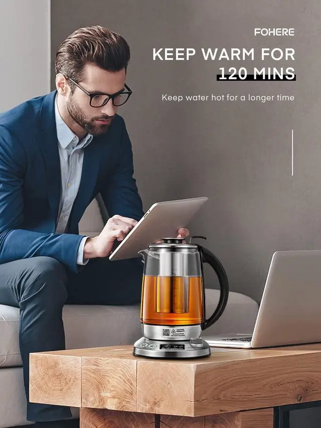 Alt view image 7 of 7 - Electric Tea Kettle, 9 Temperature Control Presets Glass Kettle, 1200W Tea Pot with Removable Infuser, 2 Hours Keep Warm, 1.7 Liter Electric Kettles, Borosilicate Glass & Stainless Steel