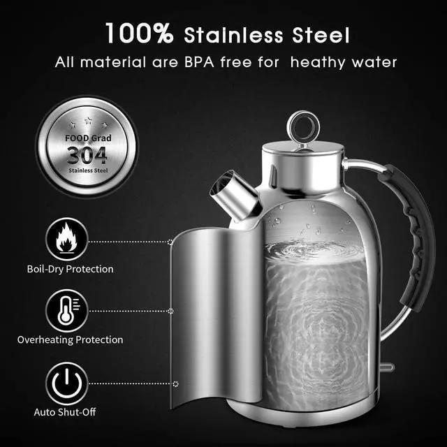 Alt view image 4 of 5 - Electric Kettle, Electric Tea Kettle Hot Water Kettle Stainless Steel 1.5L 1500W Tea Heater & Boiling Water, Auto Shut-Off and Boil-Dry Protection (Polished Silver)
