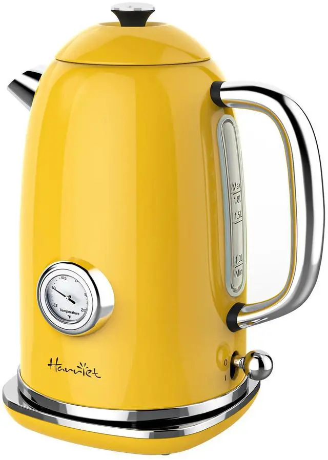 Main image of Electric Kettle, 1.8L Retro Electric Tea Kettle with Thermometer, 1500W Stainless Steel Hot Water Kettle Electric with LED Indicator, Fast Boiling, Cordless, Auto Shut-Off, Yellow
