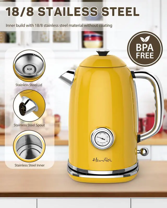 Alt view image 3 of 7 - Electric Kettle, 1.8L Retro Electric Tea Kettle with Thermometer, 1500W Stainless Steel Hot Water Kettle Electric with LED Indicator, Fast Boiling, Cordless, Auto Shut-Off, Yellow