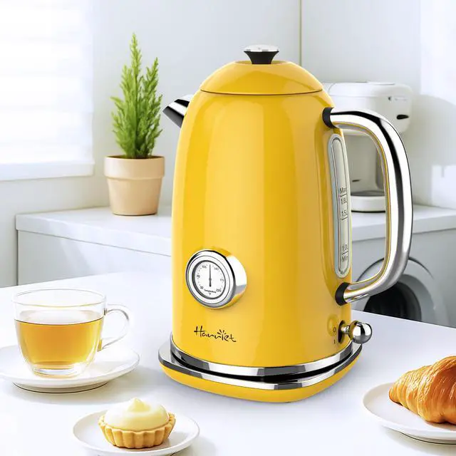 Alt view image 2 of 7 - Electric Kettle, 1.8L Retro Electric Tea Kettle with Thermometer, 1500W Stainless Steel Hot Water Kettle Electric with LED Indicator, Fast Boiling, Cordless, Auto Shut-Off, Yellow
