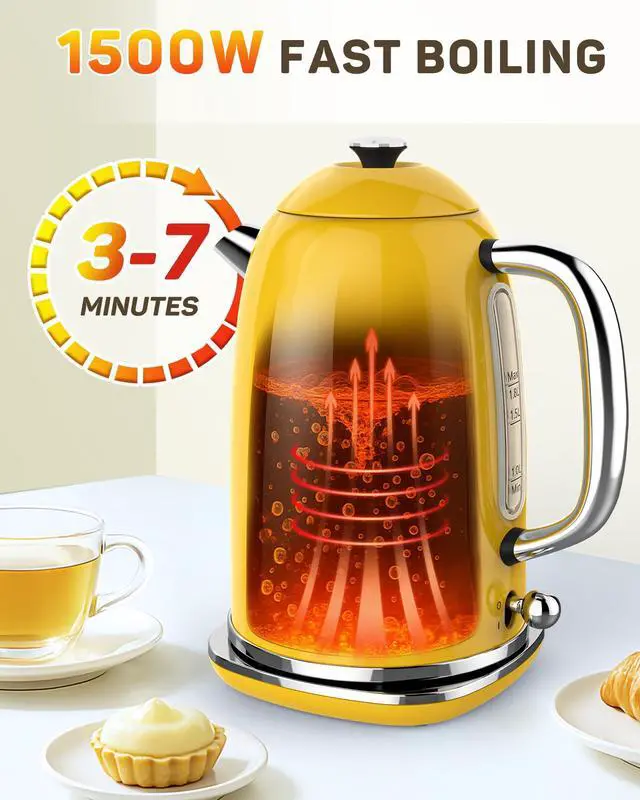 Alt view image 4 of 7 - Electric Kettle, 1.8L Retro Electric Tea Kettle with Thermometer, 1500W Stainless Steel Hot Water Kettle Electric with LED Indicator, Fast Boiling, Cordless, Auto Shut-Off, Yellow