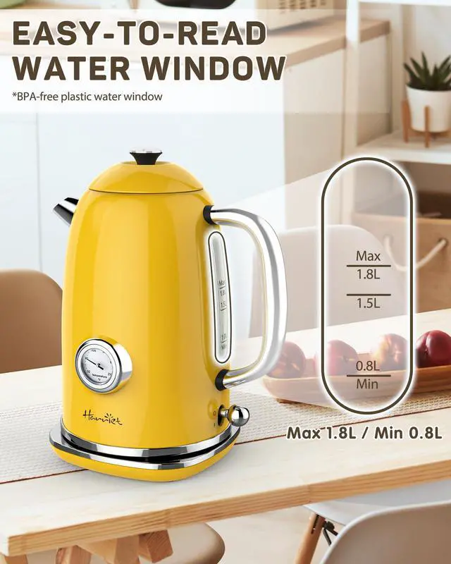 Alt view image 6 of 7 - Electric Kettle, 1.8L Retro Electric Tea Kettle with Thermometer, 1500W Stainless Steel Hot Water Kettle Electric with LED Indicator, Fast Boiling, Cordless, Auto Shut-Off, Yellow