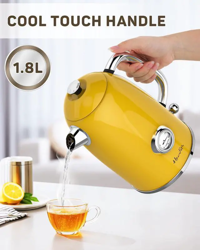 Alt view image 5 of 7 - Electric Kettle, 1.8L Retro Electric Tea Kettle with Thermometer, 1500W Stainless Steel Hot Water Kettle Electric with LED Indicator, Fast Boiling, Cordless, Auto Shut-Off, Yellow
