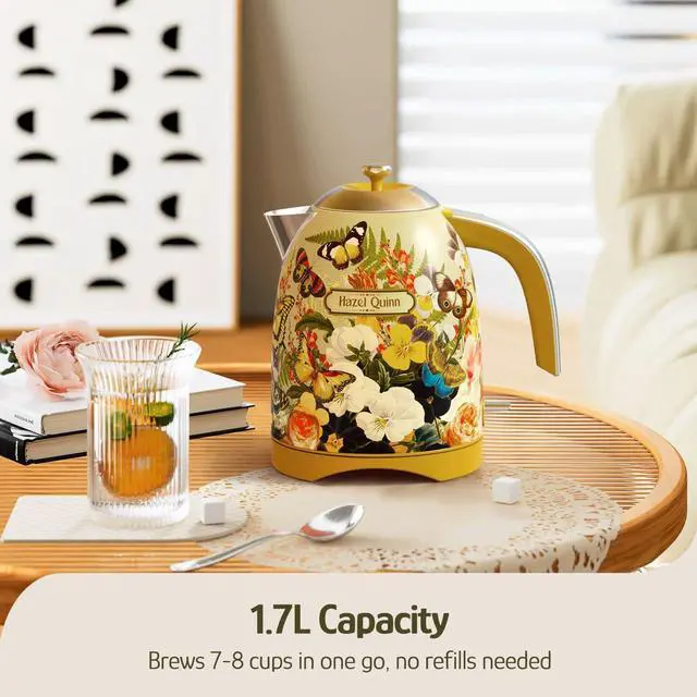 Alt view image 2 of 7 - X Eduardo Recife Collaboration Electric Kettle - 1.7 Liters (57oz) Stainless Steel Water Kettle, BPA-Free Interior, 1200W Fast Boiling, Cordless, Automatic Shut Off - Floral Printed