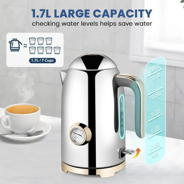 Alt view image 5 of 7 - Electric Kettle - 57oz Hot Tea Water Boiler with Thermometer, 1500W Fast Heating Stainless Steel Pot, Cordless LED Indicator, Auto Shut-Off & Boil Dry Protection, Glossy Silver