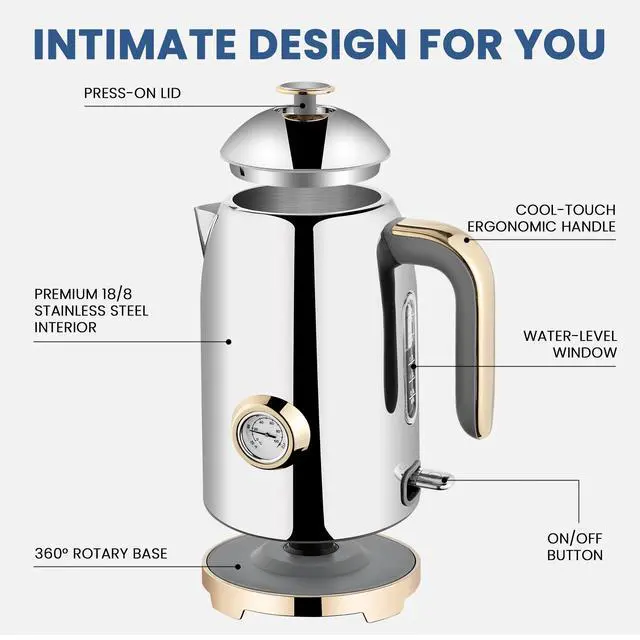 Alt view image 2 of 7 - Electric Kettle - 57oz Hot Tea Water Boiler with Thermometer, 1500W Fast Heating Stainless Steel Pot, Cordless LED Indicator, Auto Shut-Off & Boil Dry Protection, Glossy Silver