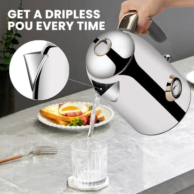 Alt view image 4 of 7 - Electric Kettle - 57oz Hot Tea Water Boiler with Thermometer, 1500W Fast Heating Stainless Steel Pot, Cordless LED Indicator, Auto Shut-Off & Boil Dry Protection, Glossy Silver