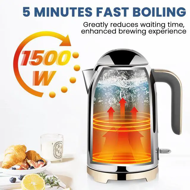 Alt view image 3 of 7 - Electric Kettle - 57oz Hot Tea Water Boiler with Thermometer, 1500W Fast Heating Stainless Steel Pot, Cordless LED Indicator, Auto Shut-Off & Boil Dry Protection, Glossy Silver