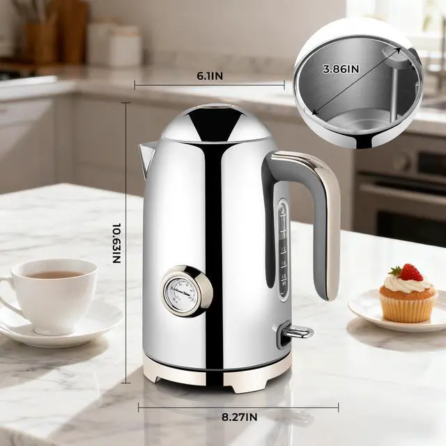 Alt view image 6 of 7 - Electric Kettle - 57oz Hot Tea Water Boiler with Thermometer, 1500W Fast Heating Stainless Steel Pot, Cordless LED Indicator, Auto Shut-Off & Boil Dry Protection, Glossy Silver