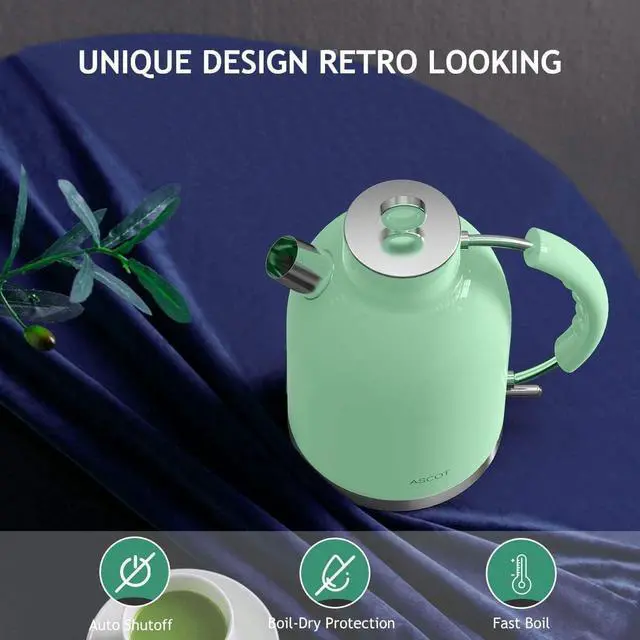 Alt view image 7 of 7 - Electric Kettle, Stainless Steel Electric Tea Kettle Gifts for Men/Women/Family 1.5L 1500W Retro Tea Heater & Hot Water Boiler, Auto Shut-Off and Boil-Dry Protection (Green)